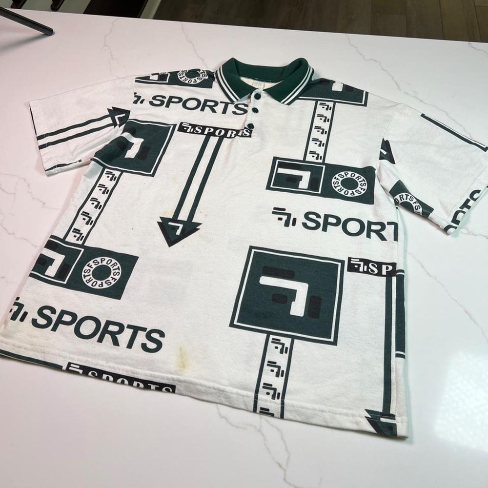 Vintage Fila Sports Bootleg Graphic Polo Shirt Mens 90s All Over Print Green